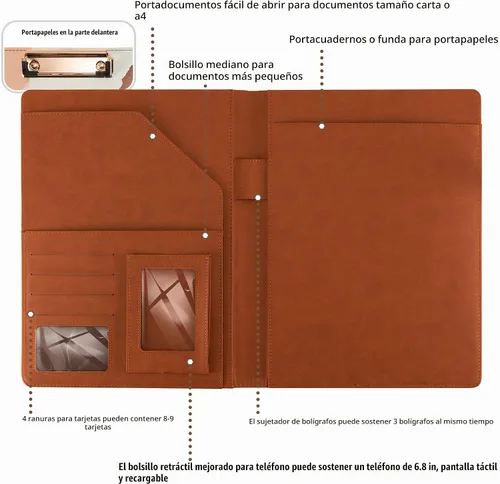 Vista 4 de Portafolio Folio Carpeta Portafolio con Bloc de Notas-Bolsillo Portatarjetas de Visita Marrón Imitación PU Cartera