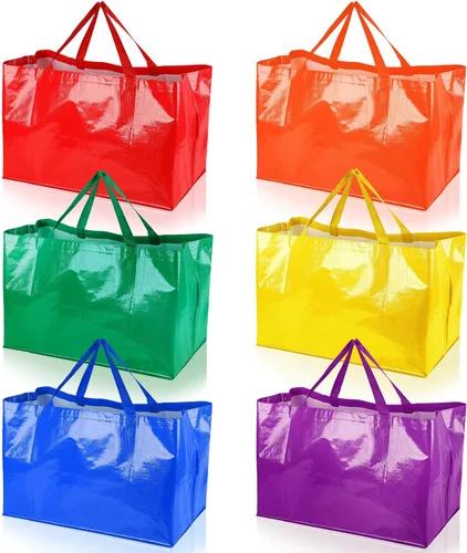 Vista 9 de Shappy 6 Piezas Bolsas de Compra Extragrandes Reutilizables con Asas, Bolsas de Comestibles Tejidas Coloridas de Plástico Impermeable