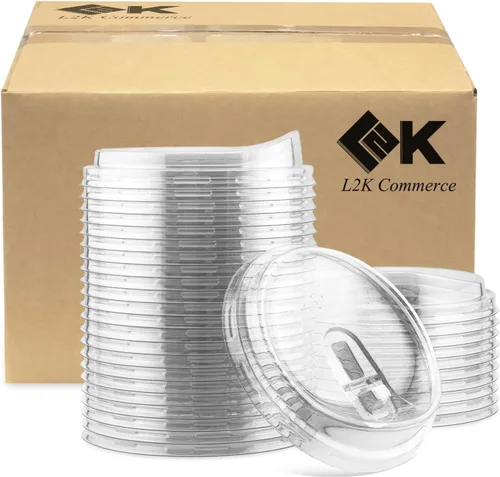 Vista 7 de L2K Tapas planas de plástico PET transparente con ranura para popote (paquete de 50) para 12, 16, 20, 24 onzas. Se adapta a vasos de plástico ultra