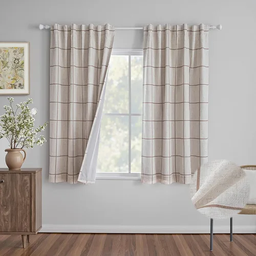 Vista 33 de MYSKY HOME Cortinas de Lino a Cuadros 100% Opacas de 45 Pulgadas de Largo de Doble Capa Estilo Granja con Aislamiento Térmico Estampado a Cuadros