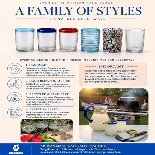 Vista 4 de Vasos de beber mexicanos soplados a mano - Juego de 6 vasos tipo tumbler con bordes azul cobalto (10 oz cada uno)