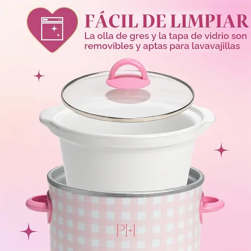 Vista 4 de Paris Hilton Olla de cocción lenta manual de 3.5 cuartos de galón, cuenta con tres ajustes (bajo, alto, cálido), inserto de gres naturalmente