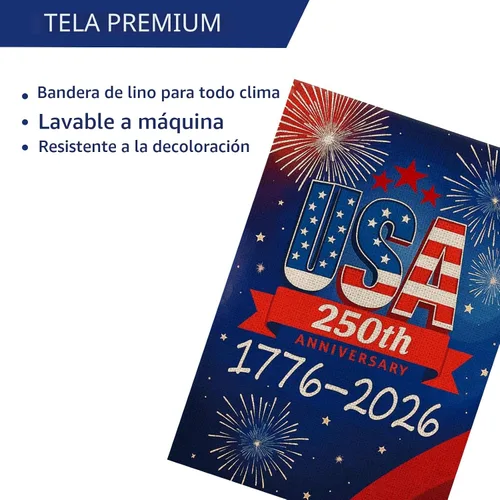 Vista 5 de Bandera de jardín de 250 años de Estados Unidos, pancarta de 250 aniversario con diseño de fuegos artificiales, letrero patriótico del 4 de julio