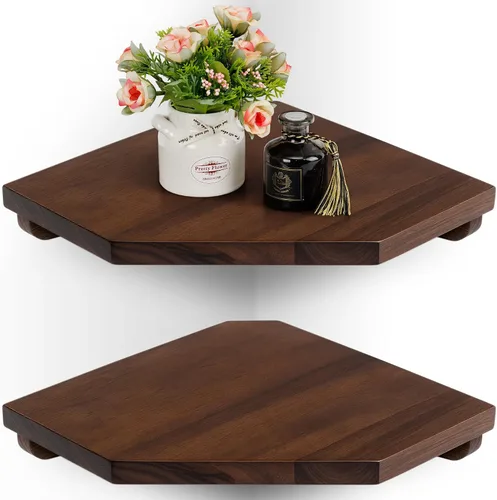 Vista 9 de Demigo Estante esquinero para montaje en pared, juego de 2 estantes flotantes de madera de acacia maciza de 11.8 x 16.5 pulgadas, suaves
