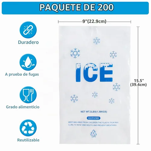 Vista 2 de 200 UNIDADES Bolsas de Hielo de Plástico con Cordón de 3 lb. 9 x 15.5 Pulgadas Bolsas de Hielo de Plástico Resistentes con Cordón de Plástico
