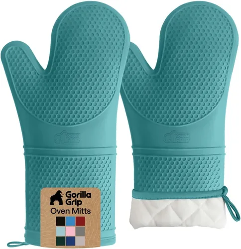 Vista 37 de GORILLA GRIP - Juego de guantes de horno de silicona suave sin BPA, guantes de cocina resistentes al calor e impermeables, forro de algodón grueso
