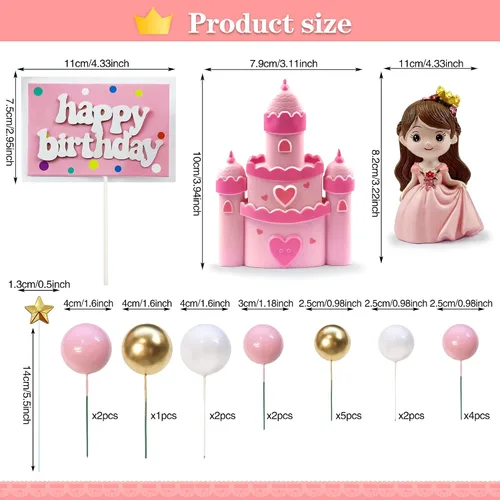 Vista 2 de 26 piezas de decoración de pastel de castillo de princesa para niña, decoración de pastel de princesa, tarjetas de inserción de feliz cumpleaños