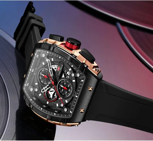 Vista 4 de Relojes para hombre, reloj Tonneau de esqueleto de lujo para hombre, impermeable, ajustable, correa de silicona, estilo steampunk, cronógrafo