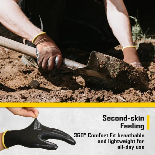 Vista 5 de COOLJOB 10/20 Pairs Nitrile Dipped Safety Work Gloves with Grip, Non-slip Black Camel