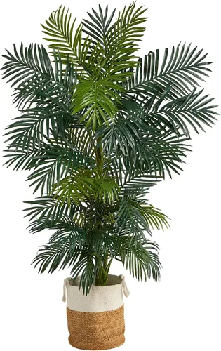 Vista 4 de Nearly Natural Palmera artificial de caña dorada de 3 pies con cesta de yute y algodón hecha a mano con borlas, kit de bricolaje