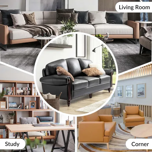 Vista 5 de HULALA HOME Sofá de cuero genuino de 3 plazas, sofá tradicional para sala de estar con patas de madera maciza talladas, color negro