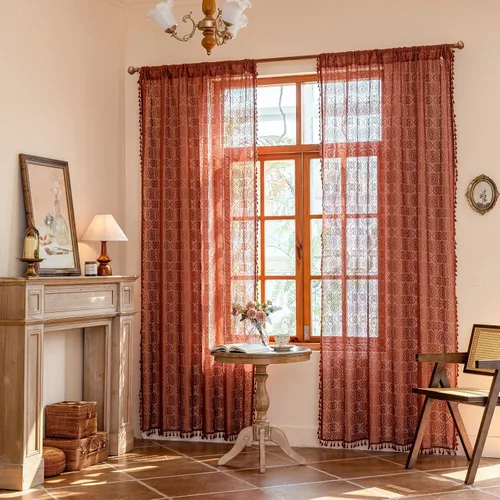Vista 36 de YJ YANJUN - Cortinas de café boho, 24 pulgadas de largo, 2 paneles, cada una de 59" de ancho x 24" de largo, beige, con crochet, cortinas de cocina
