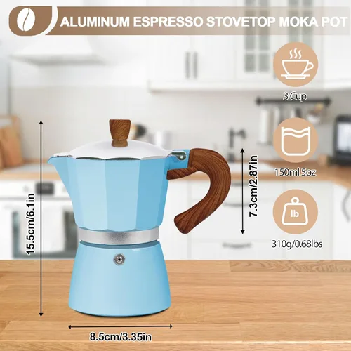 Vista 2 de Cafetera de aluminio con 3 tazas de 150ml (5.1 fl oz) Moka Pot Express, cafetera de café expreso para estufa, colorida cafetera italiana
