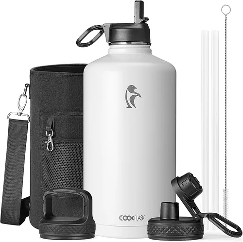Vista 28 de Coolflask Botella de agua de 20 onzas aislada con pajilla, 3 tapas de metal de acero inoxidable, botella de agua de boca ancha para deportes u
