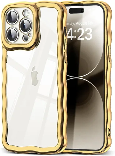 Vista 86 de SKYLMW Funda compatible con iPhone 12 Pro, diseño de ondas rizadas kawaii, borde chapado de lujo, elegante parte trasera transparente brillante, TPU
