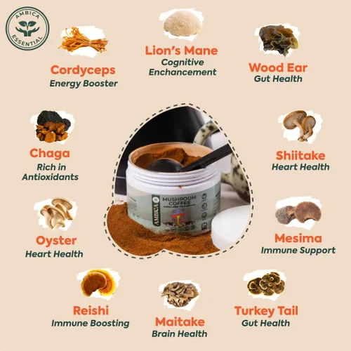 Vista 3 de Ambica Café molido de hongos instantáneos, orgánico USDA con diez café de hongos con melena de león, reishi, cordyceps y chaga para apoyo