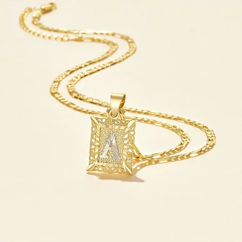 Vista 4 de KissYan Initial Letter Pendant Necklace for Mens Womens, 18K Gold Plated Square Capital Monogram Necklace Alhpabets from A-Z Figaro Chain Necklace
