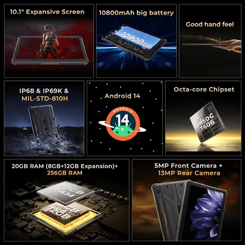 Vista 4 de HOTWAV R10 Pro 2025 Tableta Resistente Android 14 - 10.1 Pulgadas HD+ 10800mAh Tableta Impermeable, 20GB RAM+256GB ROM/1TB TF Tablets