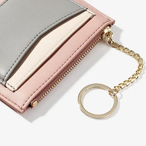 Vista 6 de Cartera pequeña con llavero para mujer, tarjetero minimalista con monedero, bonita cartera delgada para mujeres y hombres, Rosado