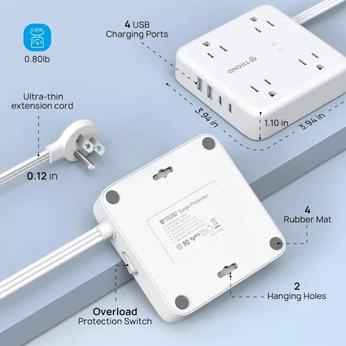 Vista 7 de TROND Regleta protectora de sobretensiones con puertos USB, cable de extensión de enchufe plano de 10 pies con múltiples tomas, 1440J, montaje