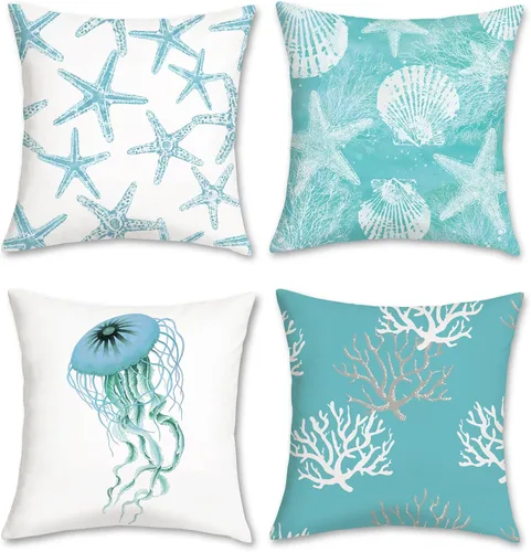 Vista 10 de Bonhause - Juego de 4 fundas de almohada decorativas de playa oceánica, almohadas costeras al aire libre de caballito de mar, tortuga, estrella