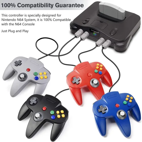 Vista 4 de iNNEXT - Paquete de 2 mandos de 64 controladores mando con cable palo analógico 3D para 64 Plug Play no versión USB de PC rojoazul