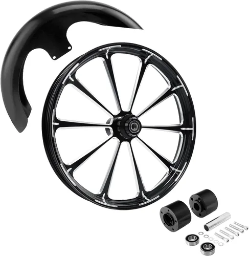 Vista 12 de TCMT Llanta de rueda delantera de 21", buje de rueda de brida de doble disco con guardabarros delantero negro sin pintar, compatible con modelos