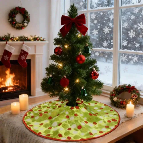 Vista 13 de Yuboo 24" Falda de árbol de Navidad de puntos rojos y verdes - Falda de árbol de mesa pequeña con volantes, tapete de árbol de Navidad mini
