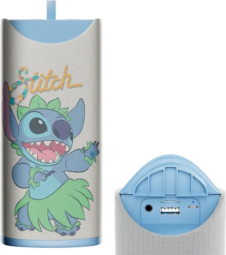 Vista 8 de iJoy Disney Lilo and Stitch - Altavoz inalámbrico Bluetooth a prueba de salpicaduras recargable con 3 horas de reproducción/ranura SD/radio FM