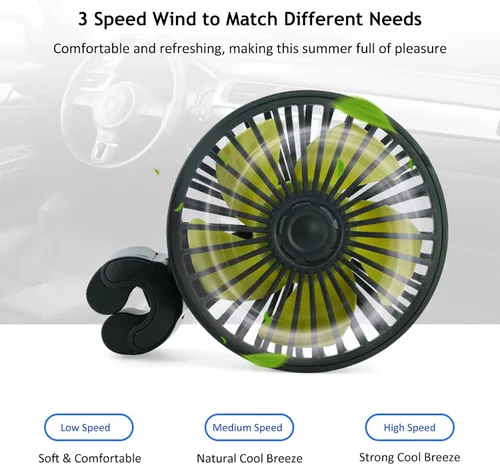 Vista 2 de Ventilador de coche alimentado por USB, ventilador portátil de refrigeración de coche de 3 velocidades, viento fuerte, ventilador de circulación