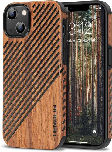Vista 8 de TENDLIN Funda magnética para iPhone 13 Pro - Funda híbrida de TPU de cuero de grano de madera con compatibilidad MagSafe
