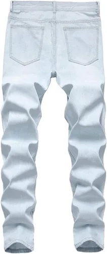 Vista 2 de Jeans rasgados a rayas laterales para hombre, corte recto, desgastados, con agujeros destruidos, pantalones de mezclilla casuales ajustados