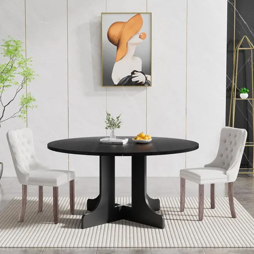 Vista 2 de Juego de mesa de comedor extensible negra de 43"-59" para 2, juego de mesa de comedor de 3 piezas con 2 sillas, mesa de cocina redonda de madera que