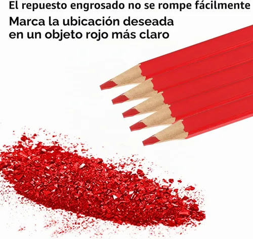 Vista 3 de 10 lápices de carpintero rojos, 6.693 in, octogonal plano, lápices de construcción dura, lápiz de plomo de madera, carpintero plano de madera