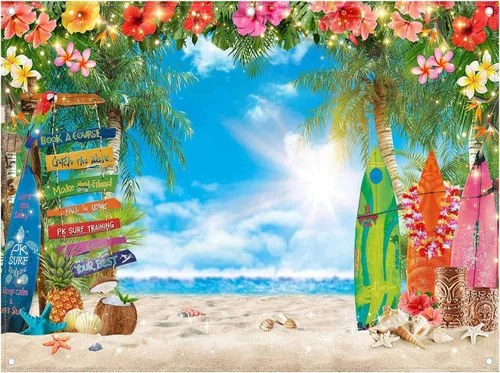 Vista 9 de Fondo de fotografía de playa hawaiana de verano de 7 x 5 pies, flores tropicales, hojas de palma, fondo de tabla de surf para Luau Aloha decoración