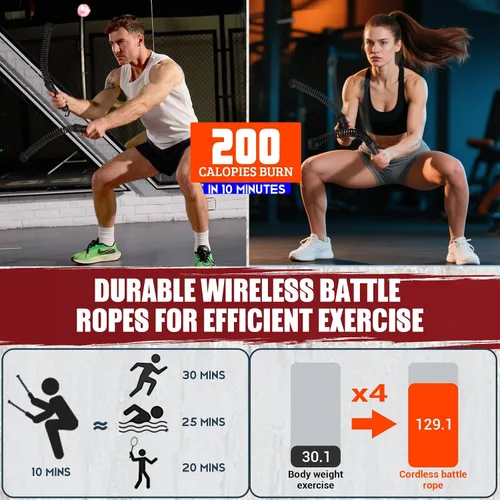 Vista 3 de Cordless Battle Rope for Home Gym, Heavy Duty Portable with Poster Negro