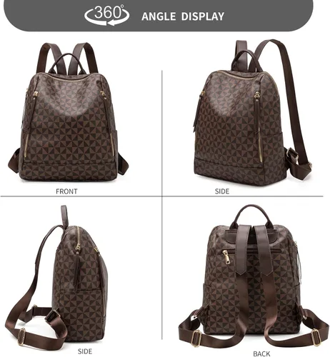 Vista 6 de Mochila Monedero para Mujer de Cuero Anti-robo Grande de Diseñador de Moda Mochila de Viaje Bolsa Mochila para Hombre Bolsas de Hombro, A-Marrón