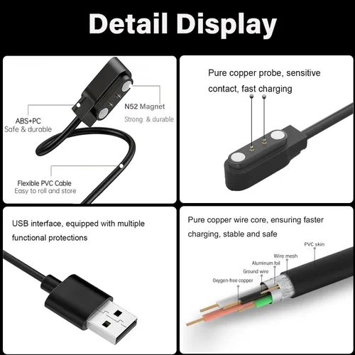 Vista 4 de Gloryfit - Cargador de reloj inteligente, cable de carga USB magnético de 0.157 pulgadas para relojes inteligentes Gloryfit con certificación