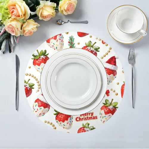 Vista 4 de Merry Christmas Red Strawberry Round Place mat Christmas Reversible Quilted placemat individuales para mesa de comedor Rose Gold 15.4x15.4in Set of 6