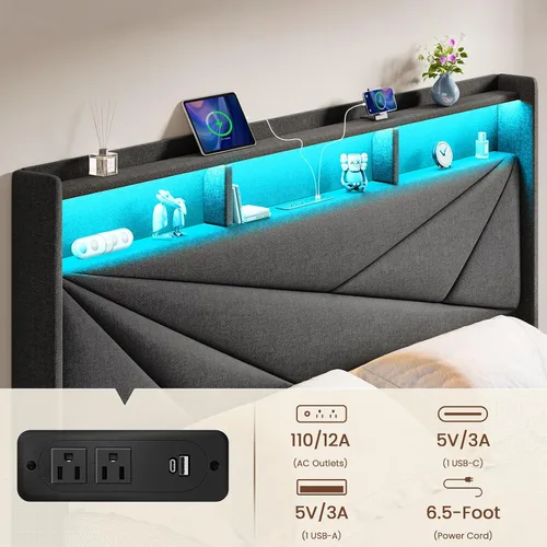Vista 4 de Driftalia Base de cama de tamaño completo con cabecera de almacenamiento de 2 niveles, base de cama de tamaño completo tapizada con 2 cajones