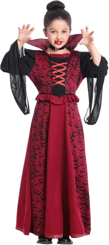 Vista 3 de Fooecor Disfraz de vampiro de Halloween para niñas, vestido de vampiro real para niños, conjunto de lujo con kit de maquillaje