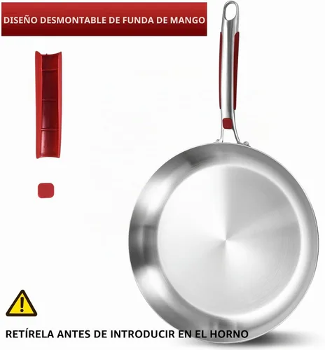 Vista 5 de Inqibee Sartén de acero inoxidable de 13 pulgadas, tricapa, con tapa y mango auxiliar, sartén, sartén de cocina de inducción, mango desmontable