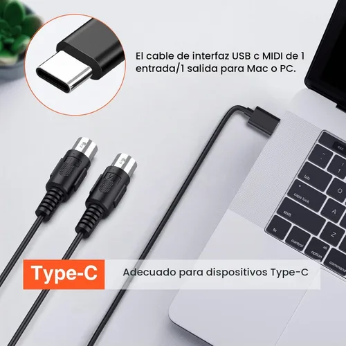 Vista 2 de LEKATO Cable MIDI, MIDI a USB C, interfaz MIDI tipo C con conexión de entrada y salida, teclado/sintetizador para edición de grabación, cable