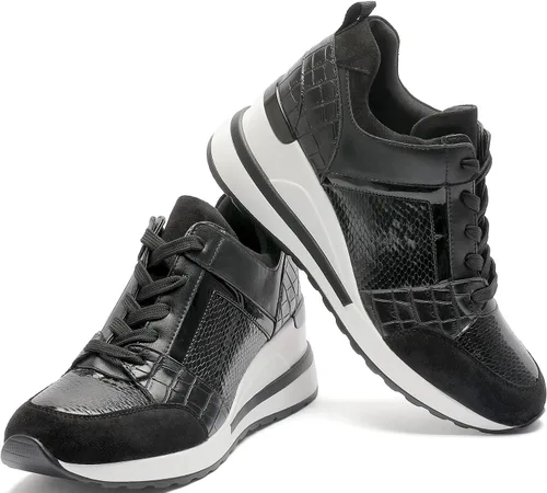 Vista 6 de YZ Zapatillas de deporte de cuña de moda para mujer, zapatos de plataforma con cordones de tacón alto Negro