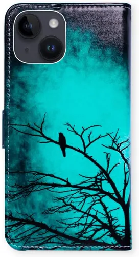 Vista 7 de Bcov Funda para iPhone 15 Plus, piel con tapa y función atril para iPhone 15 Plus, color verde pájaro negro