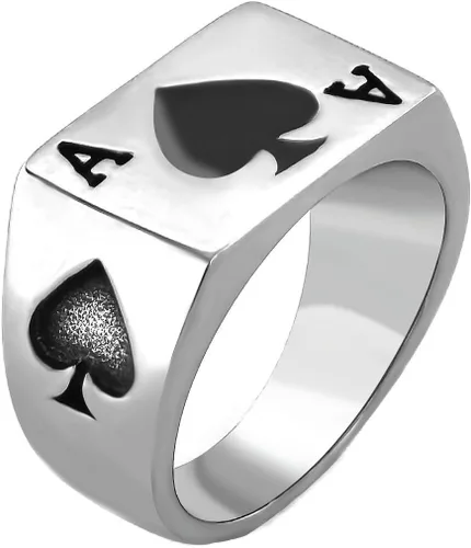 Vista 9 de JAJAFOOK Anillo de acero inoxidable para hombres y mujeres, diseño de espada de póquer, plata y negro, tallas 6-14 Pala Ace Oro Negro