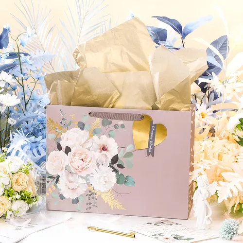 Vista 4 de MAYPLUSS Bolsa de regalo extra grande de 16 pulgadas con tarjeta de felicitación y papel de seda para boda, cumpleaños, diseño floral dorado
