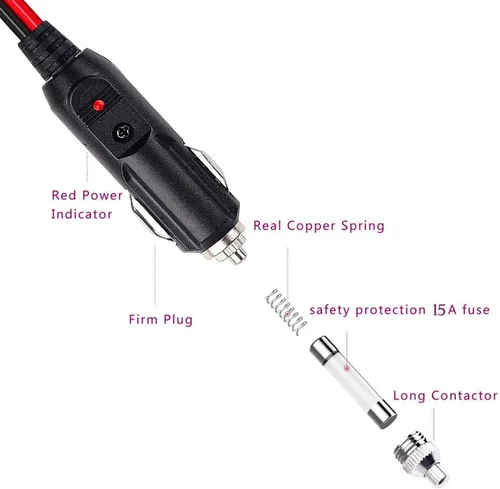 Vista 4 de Paquete de 2 enchufes macho para encendedor de cigarrillos macho de 12 V 24 V, enchufe macho de 14 AWG con cable de extensión de 1 pie y luz LED, 14