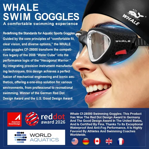 Vista 3 de Whale Gafas de natación, gafas antivaho HD, unisex, 100% protección UV, diseño antivaho transparente visión submarina de gran angular Negro