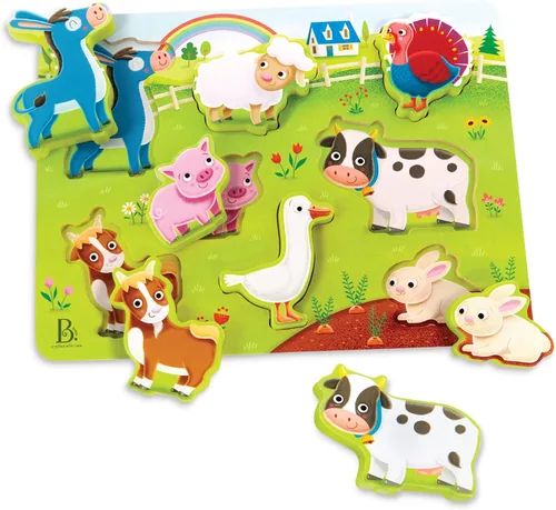 Vista 9 de B. toys Peek & Explore Wooden Chunky Puzzles, Farm Sea Dinos 3-Pack, 3 Pack